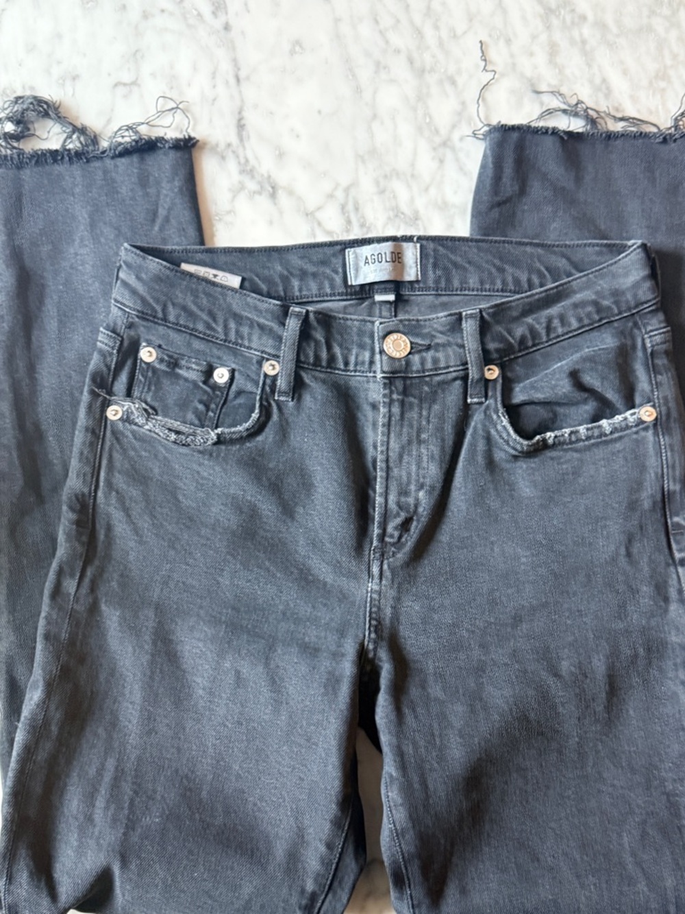 AGOLDE Black Straight Leg Jeans Size 28 High Rise Raw Hem Denim